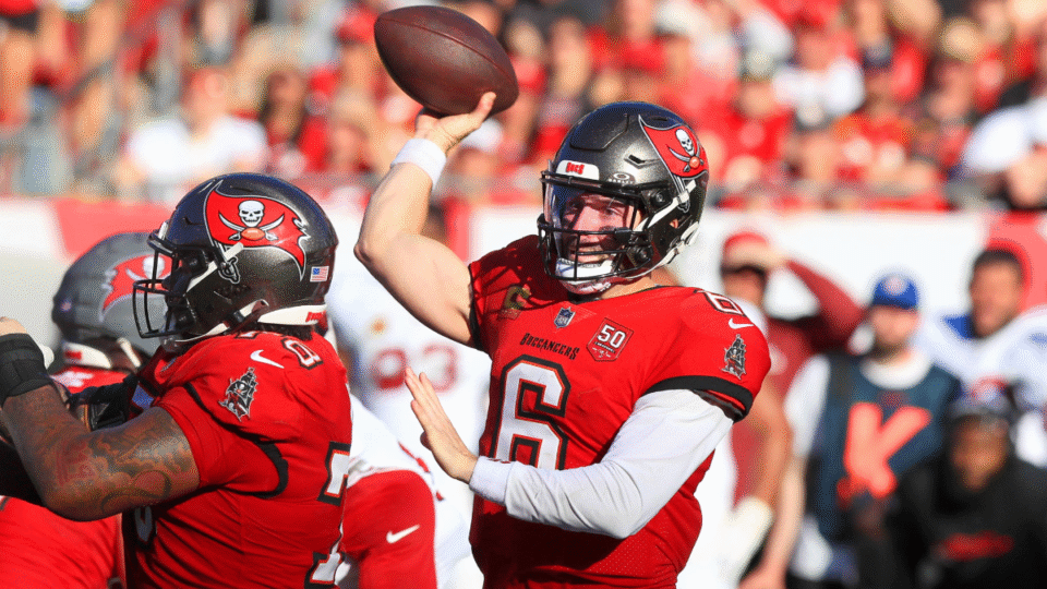 Tampa Bay Buccaneers Quarterback Baker Mayfield (6) throws a pass during the Regular Season game between the Arizona Cardinals and the Tampa Bay Buccaneers on November 30, 2025 at Raymond James Stadium in Tampa, Florida.