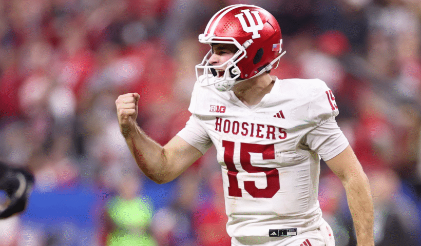 Fernando Mendoza #15 of the Indiana Hoosiers celebrates a touchdown against the Ohio State Buckeyes during the third quarter in the 2025 Big Ten Football Championship at Lucas Oil Stadium on December 06, 2025 in Indianapolis, Indiana.