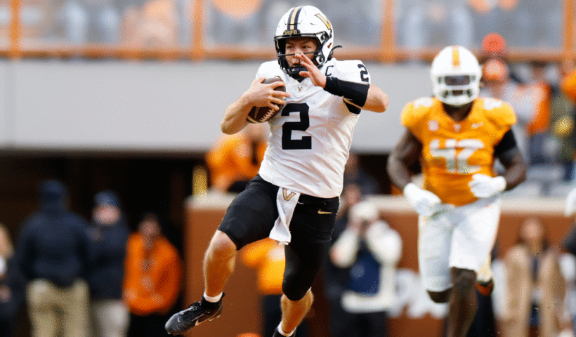 Diego Pavia #2 of the Vanderbilt Commodores runs the ball during the first half of the game against the Tennessee Volunteers at Neyland Stadium on November 29, 2025 in Knoxville, Tennessee.