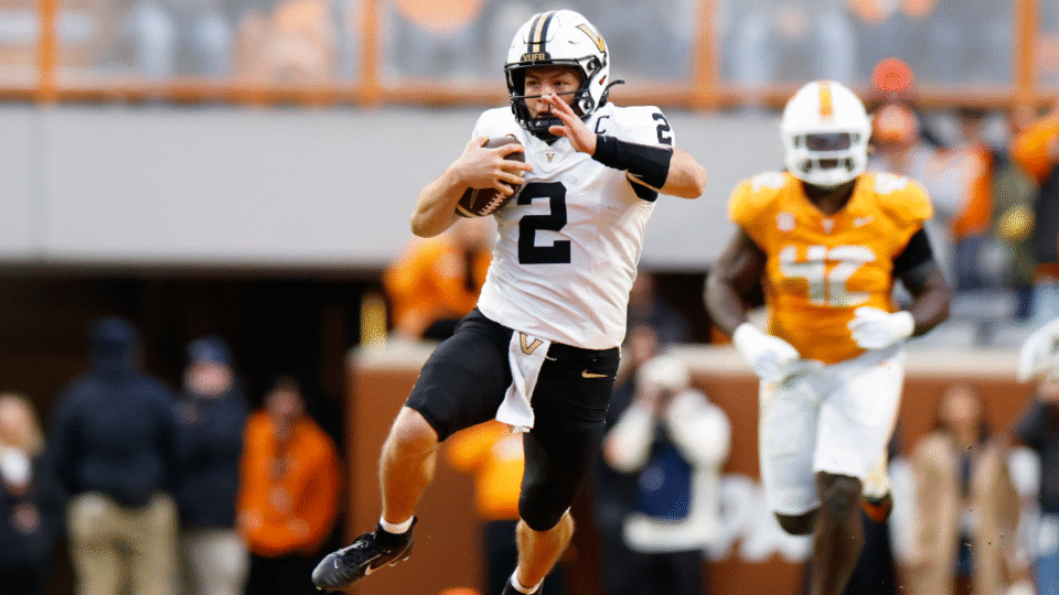 Diego Pavia #2 of the Vanderbilt Commodores runs the ball during the first half of the game against the Tennessee Volunteers at Neyland Stadium on November 29, 2025 in Knoxville, Tennessee.