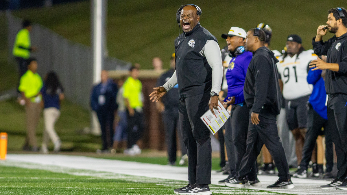 Charles Huff, head coach of the Southern Mississippi Golden Eagles, yells instructions against the Georgia Southern Eagles during the first half at Allen E. Paulson Stadium on October 9, 2025 in Statesboro, Georgia.
