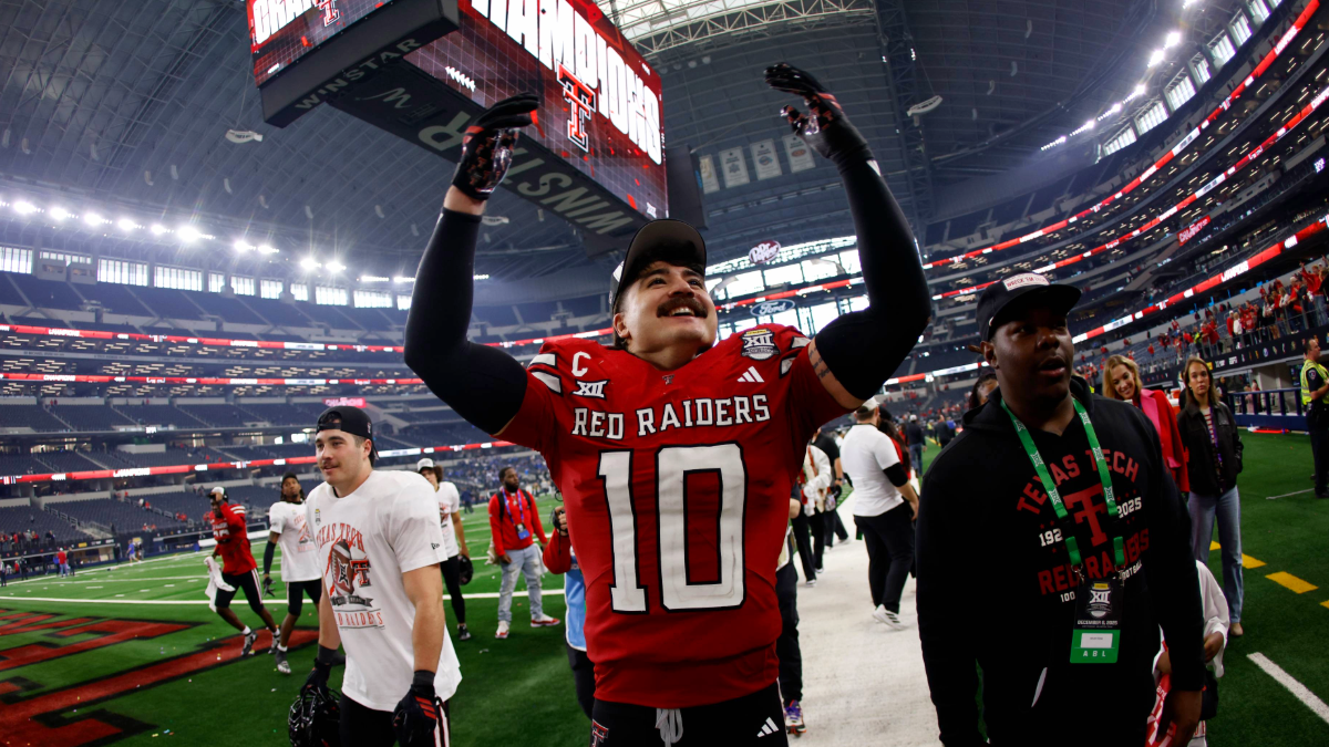 Jacob Rodriguez #10 of the Texas Tech Red Raiders celebrates following the team's win over the BYU Cougars in the Big 12 Championship at AT&T Stadium on December 6, 2025 in Arlington, Texas.
