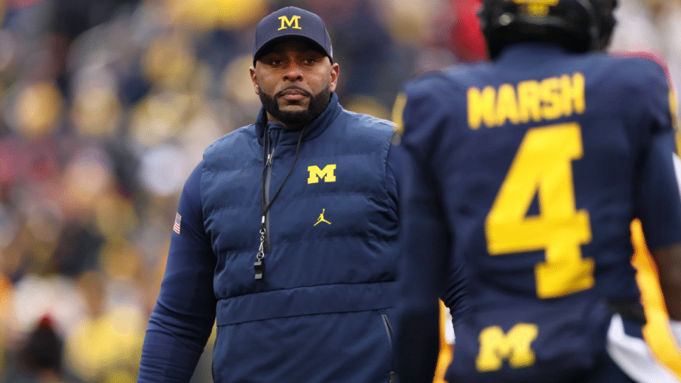 Head coach Sherrone Moore of the Michigan Wolverines is seen during warmups prior to the game against the Ohio State Buckeyes at Michigan Stadium on November 29, 2025 in Ann Arbor, Michigan.