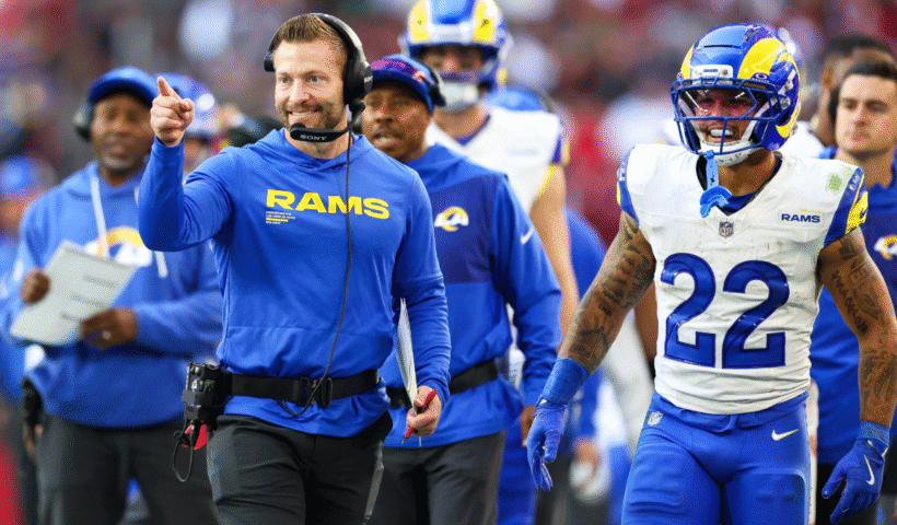 Head coach Sean McVay of the Los Angeles Rams reacts after a touchdown from Puka Nacua #12 during the second quarter against the Arizona Cardinals at State Farm Stadium on December 07, 2025 in Glendale, Arizona.