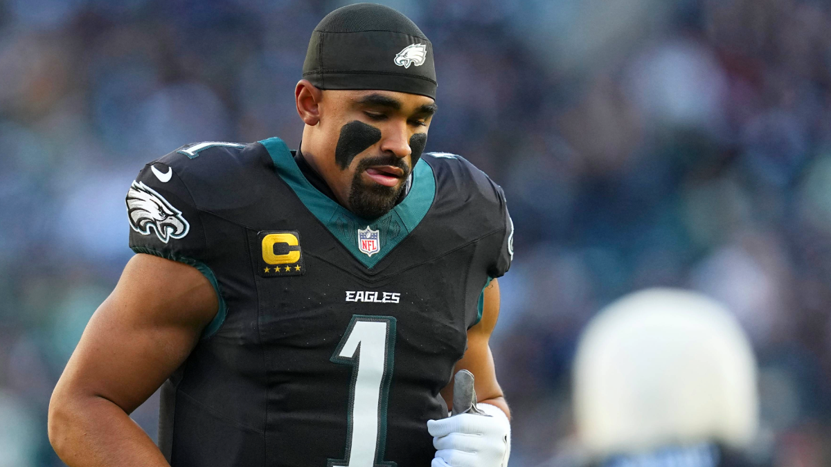 Jalen Hurts #1 of the Philadelphia Eagles looks on prior to the game against the Chicago Bears at Lincoln Financial Field on November 28, 2025 in Philadelphia, United States.