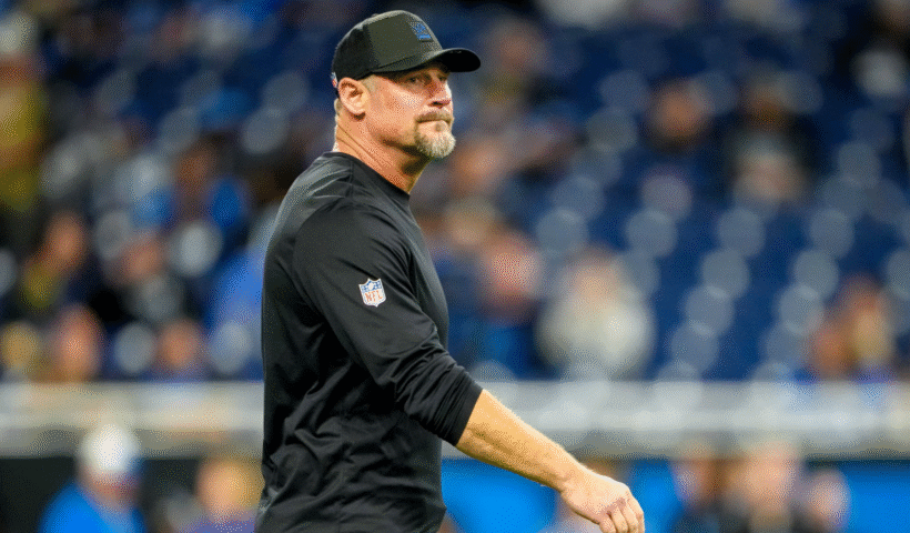 Dan Campbell head coach of the Detroit Lions looks on against the New York Giants at Ford Field on November 23, 2025 in Detroit, Michigan.