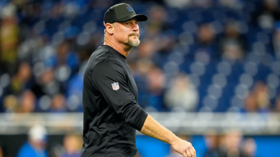 Dan Campbell head coach of the Detroit Lions looks on against the New York Giants at Ford Field on November 23, 2025 in Detroit, Michigan.