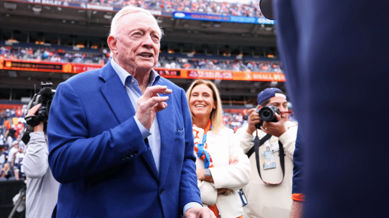 Dallas Cowboys owner Jerry Jones walks the sideline prior to the game against the Denver Broncos at Empower Field at Mile High on October 26, 2025 in Denver, Colorado.
