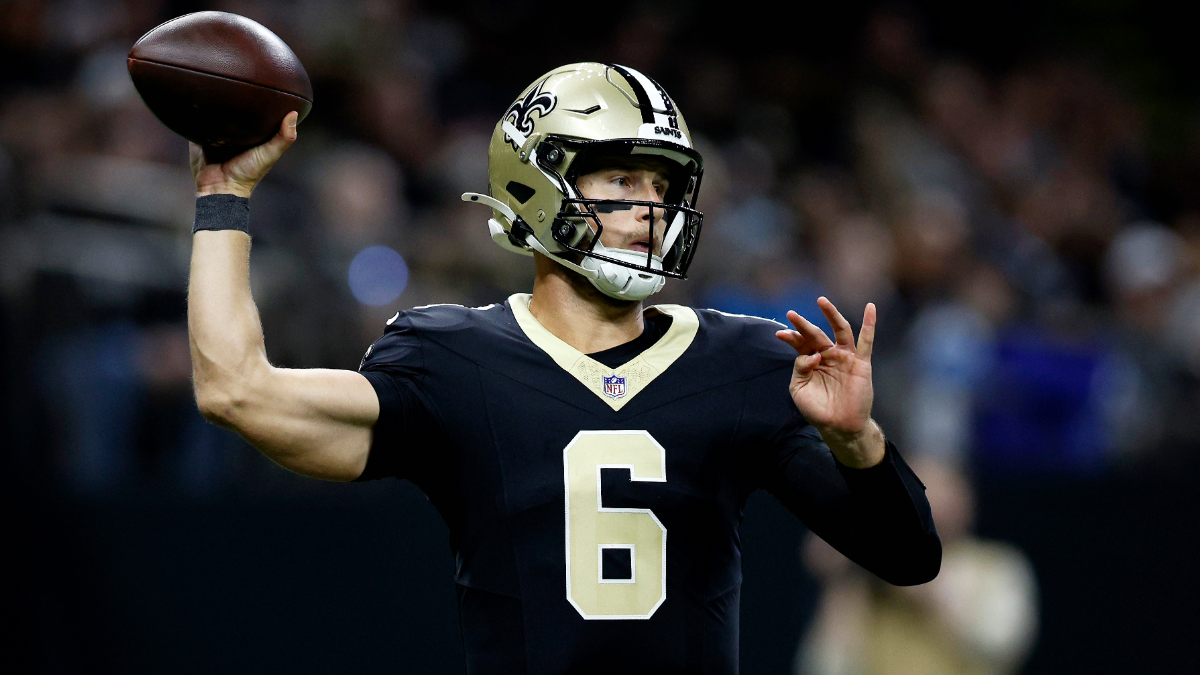 Tyler Shough #6 of the New Orleans Saints throws a pass during the first half against the Carolina Panthers at Caesars Superdome on December 14, 2025 in New Orleans, Louisiana.