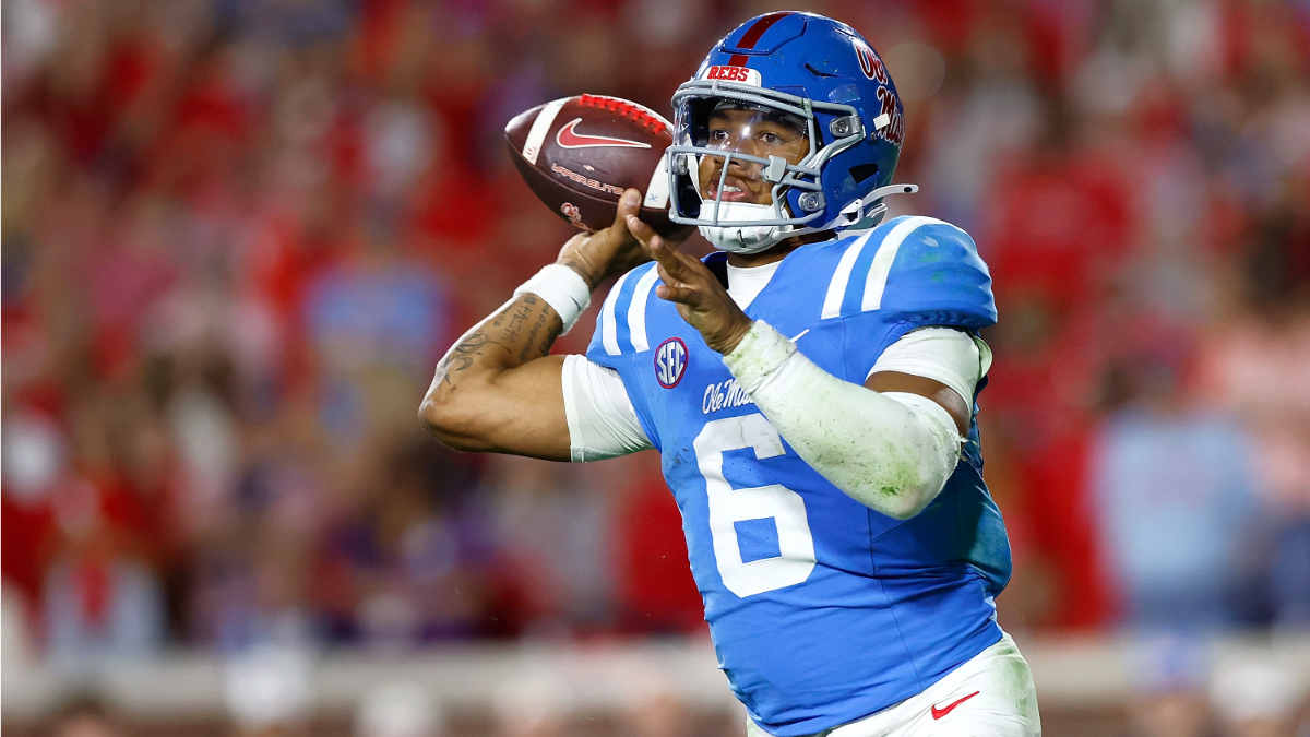 Trinidad Chambliss #6 of the Mississippi Rebels looks to pass during the game against the Florida Gators at Vaught-Hemingway Stadium on November 15, 2025 in Oxford, Mississippi.