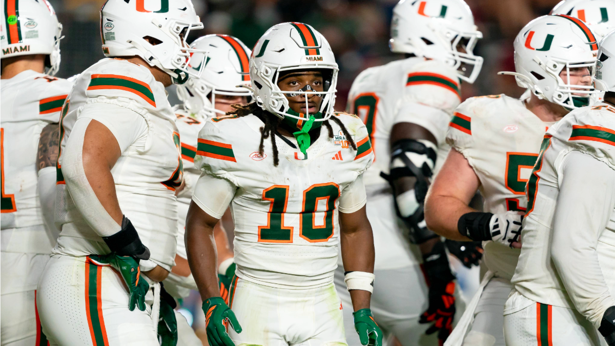 Miami Hurricanes wide receiver Malachi Toney (10) breaks the huddle during a college football game between the Miami Hurricanes and the Florida State Seminoles on October 4th, 2025 at Doak Campbell Stadium in Jacksonville, Florida.