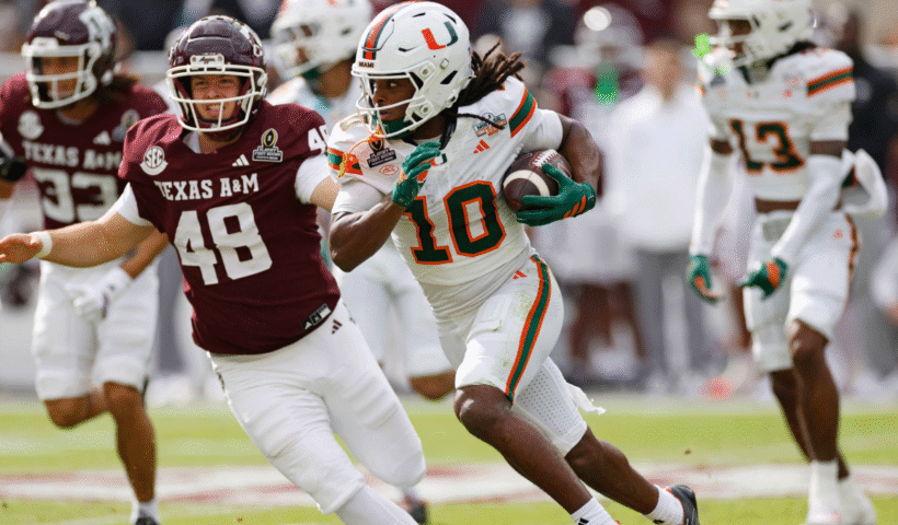 Malachi Toney #10 of the Miami Hurricanes runs with the ball during the 2025 College Football Playoff First Round Game against the Texas A&M Aggies on December 20, 2025 at Kyle Field in College Station, Texas.