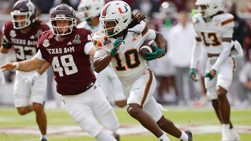 Malachi Toney #10 of the Miami Hurricanes runs with the ball during the 2025 College Football Playoff First Round Game against the Texas A&M Aggies on December 20, 2025 at Kyle Field in College Station, Texas.