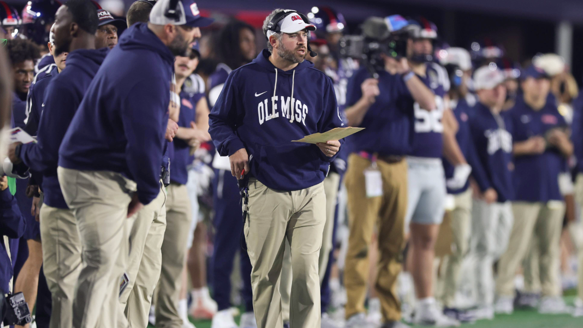 Head coach Pete Golding of the Ole Miss Rebels looks on during the second half of the 2025 College Football Playoff First Round Game at Vaught-Hemingway Stadium on December 20, 2025 in Oxford, Mississippi.