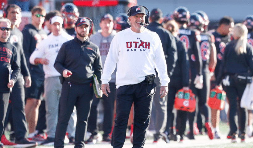 Head Coach Kyle Whittingham of the Utah Utes waits for an officials call during the first half of their game agaisnt the Kansas State Wildcats at Rice-Eccles Stadium on November 22, 2025 in Salt Lake City, Utah.