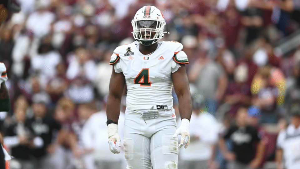 Miami Hurricanes DE Rueben Bain Jr. gets ready for a play during College Football Playoff game featuring the Miami Hurricanes and the Texas A&M Aggies on December 20, 2025 at Kyle Field in College Station, Texas.