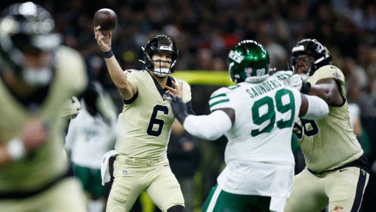 Tyler Shough #6 of the New Orleans Saints looks to pass in the first quarter of a game against the New York Jets at Caesars Superdome on December 21, 2025 in New Orleans, Louisiana.