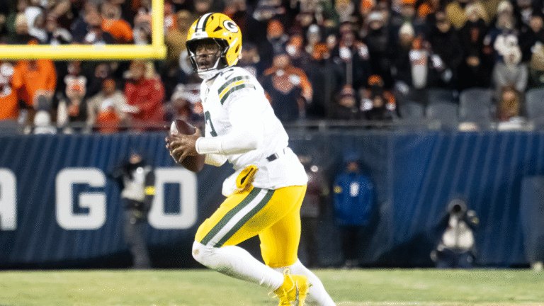 Green Bay Packers quarterback Malik Willis (2) looks to pass the ball during a regular season game between the Green Bay Packers and the Chicago Bears on December 20, 2025, at Soldier Field in Chicago, Illinois.