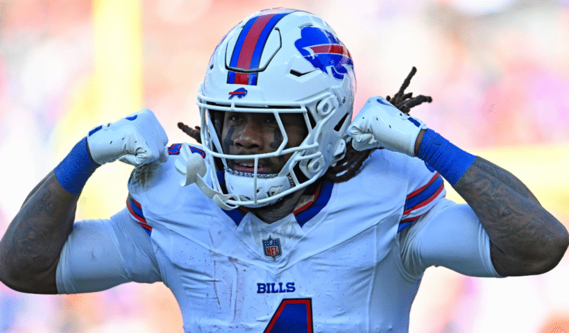 James Cook #4 of the Buffalo Bills celebrates his touchdown over the Cleveland Browns in the first quarter of the game at Huntington Bank Field on December 21, 2025 in Cleveland, Ohio.