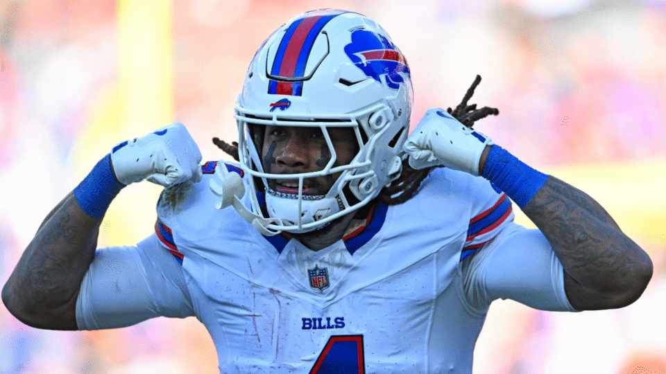 James Cook #4 of the Buffalo Bills celebrates his touchdown over the Cleveland Browns in the first quarter of the game at Huntington Bank Field on December 21, 2025 in Cleveland, Ohio.