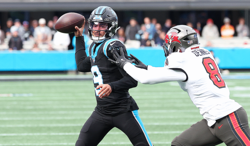 Carolina Panthers quarterback Bryce Young (9) during an NFL football game between the Tampa Bay Buccaneers and the Carolina Panthers on December 21, 2025 at Bank of America Stadium in Charlotte N.C.