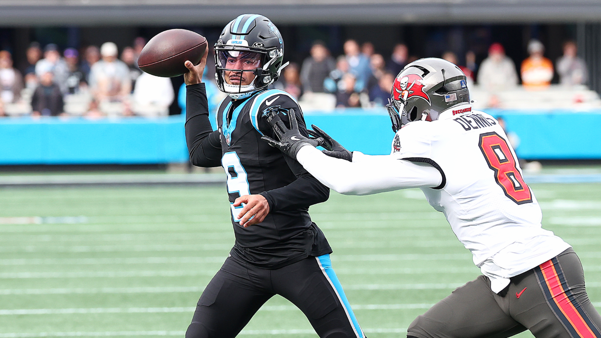 Carolina Panthers quarterback Bryce Young (9) during an NFL football game between the Tampa Bay Buccaneers and the Carolina Panthers on December 21, 2025 at Bank of America Stadium in Charlotte N.C.