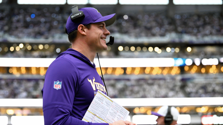 Head coach Kevin O'Connell of the Minnesota Vikings looks on against the Detroit Lions during the first quarter at U.S. Bank Stadium on December 25, 2025 in Minneapolis, Minnesota.