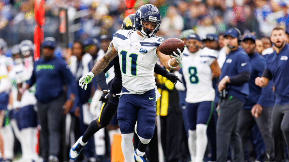 Jaxon Smith-Njigba #11 of the Seattle Seahawks completes a one-handed catch during the second quarter of an NFL football game against the Los Angeles Rams at SoFi Stadium on November 16, 2025 in Inglewood, California.