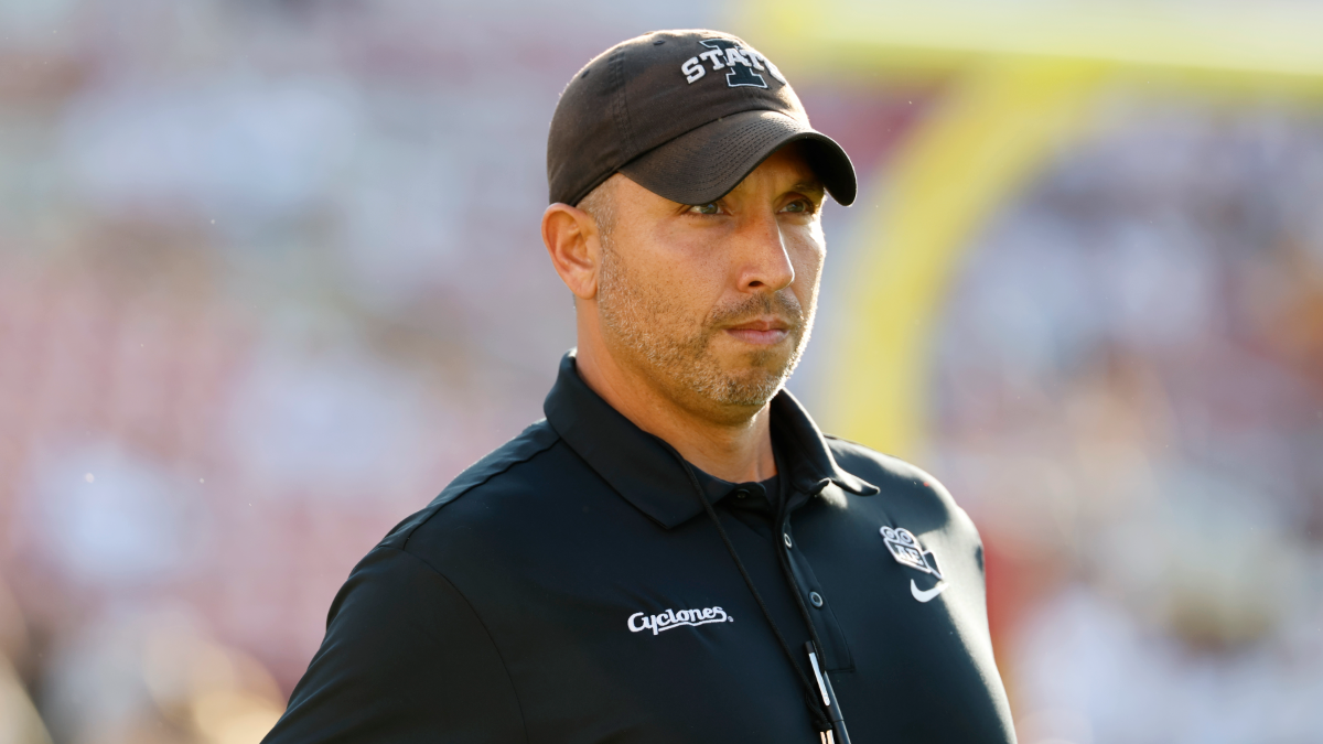 Head coach Matt Campbell of the Iowa State Cyclones at coaches during pregame warmups at Jack Trice Stadium on September 27, 2025, in Ames, Iowa. The Iowa State Cyclones won 39-14 over the Arizona Wildcats.