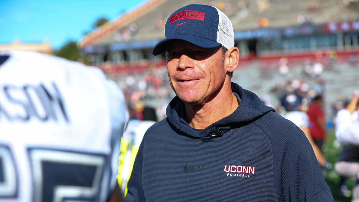 Jim Mora of the UConn Huskies at the conclusion of the college football game between UConn Huskies and Boston College Eagles on October 18, 2025, at Alumni Stadium in Chestnut Hill, MA.