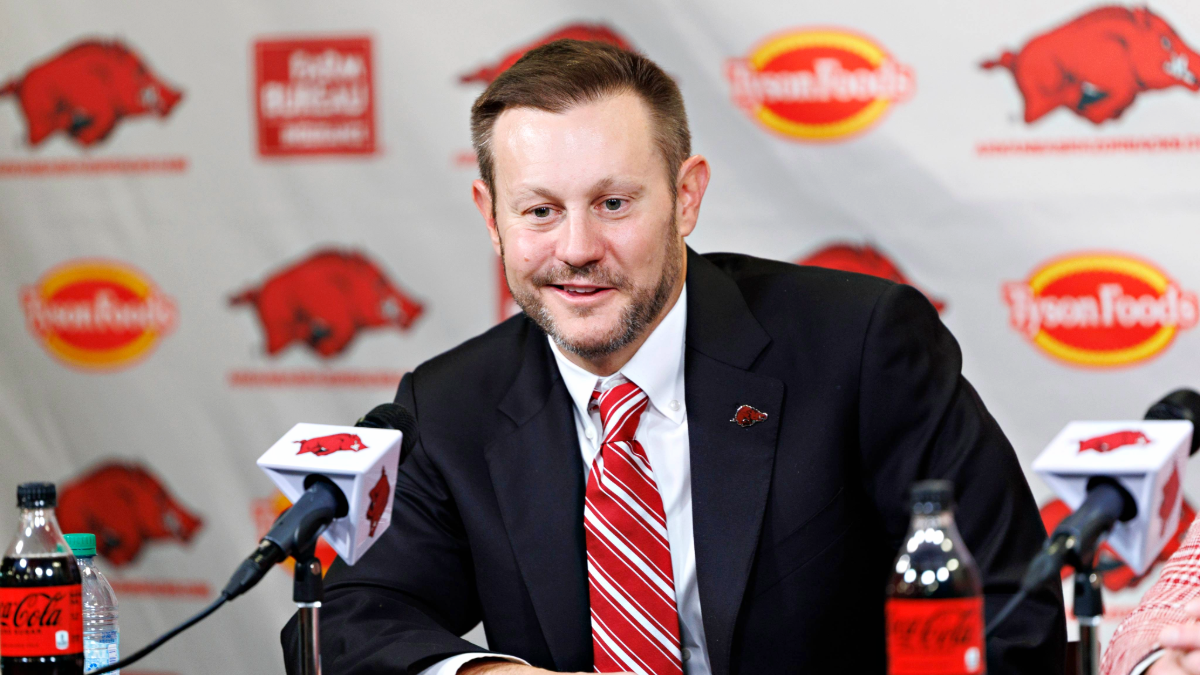 New Arkansas Razorback football Head Coach Ryan Silverfield answers question from reporters at his introduction press conference in the Broyles Center Media Room at Donald W. Reynolds Razorback Stadium on December 04, 2025 in Fayetteville, Arkansas.