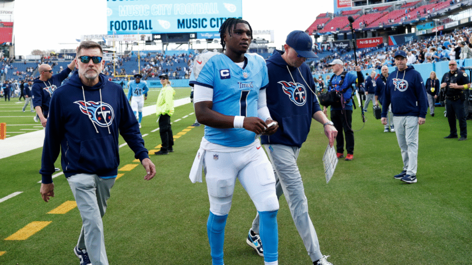 Tennessee Titans quarterback Cam Ward (1) walks off the field following a game between the Tennessee Titans and New Orleans Saints, December 28, 2025, at Nissan Stadium in Nashville, Tennessee.