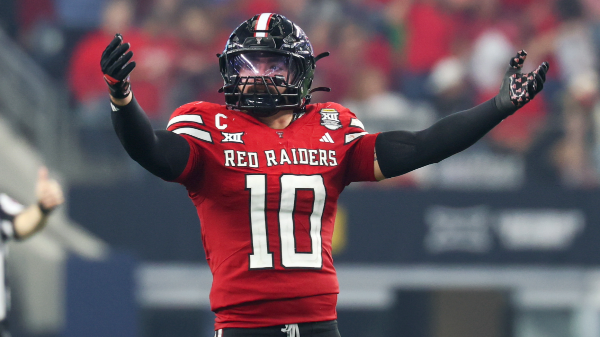 Linebacker Jacob Rodriguez #10 of the Texas Tech Red Raiders holds his arms up to the crowd during the Edward Jones Big 12 Championship game between the Texas Tech Red Raiders and BYU Cougars on December 6, 2025, at AT&T Stadium in Arlington, Texas.