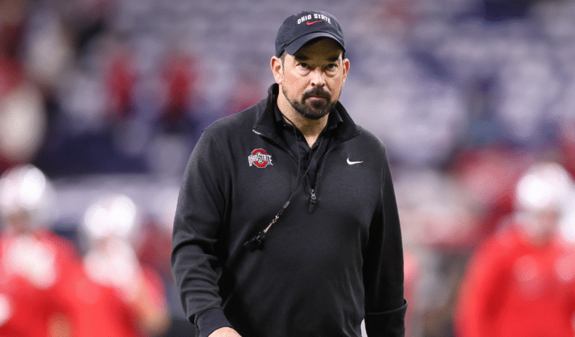 Head coach Ryan Day of the Ohio State Buckeyes looks on during warmups before the 2025 Big Ten Football Championship against the Indiana Hoosiers at Lucas Oil Stadium on December 06, 2025 in Indianapolis, Indiana.