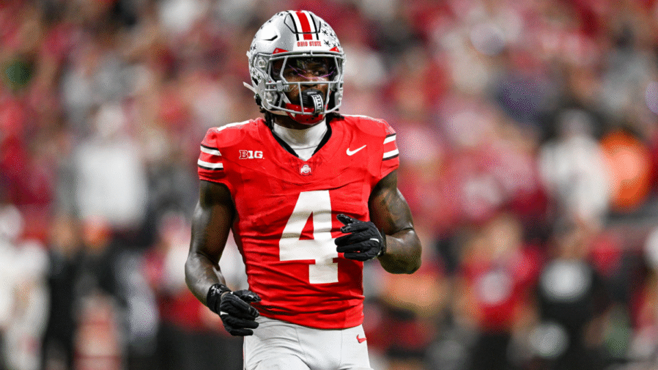Ohio State Buckeyes WR Jeremiah Smith (4) during the Big Ten Championship football game between the Indiana Hoosiers and the Ohio State Buckeyes on December 6, 2025 at Lucas Oil Stadium in Indianapolis, IN.