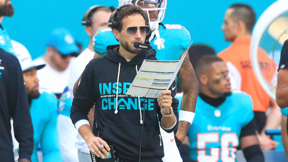 Miami Dolphins Head Coach Mike McDaniel calls a play during the game between the Tampa Bay Buccaneers and the Miami Dolphins on December 28, 2025 at Hard Rock Stadium in Miami Gardens, Florida.