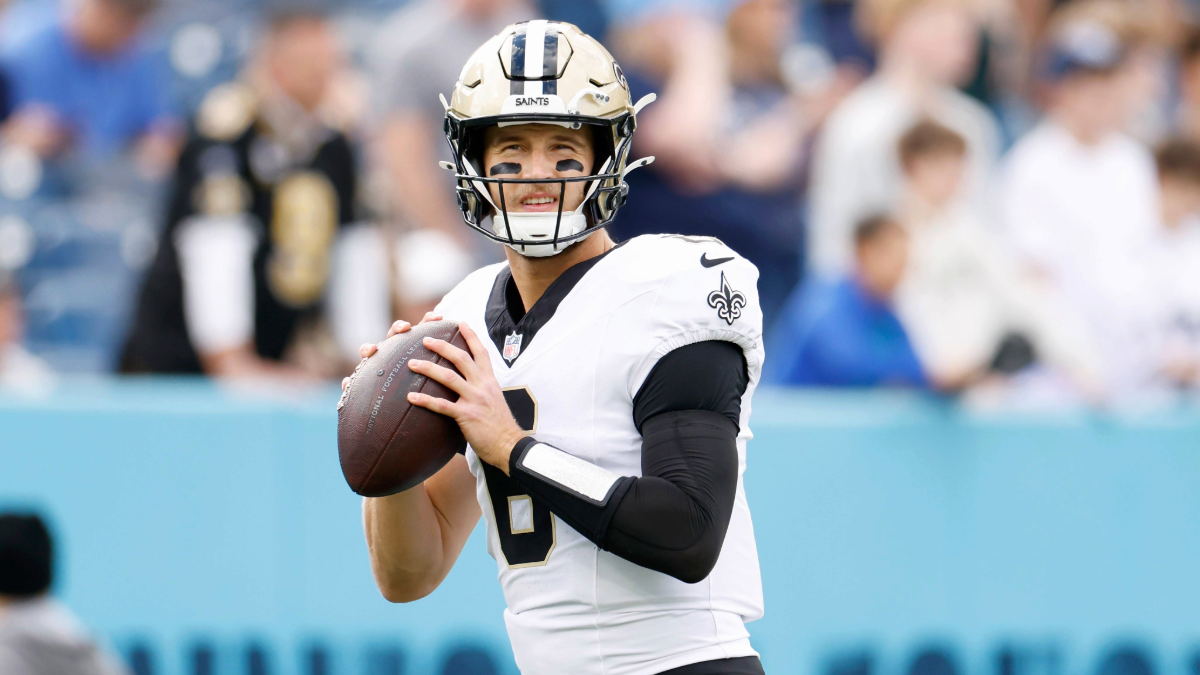 Tyler Shough #6 of the New Orleans Saints warms up prior to the game against the Tennessee Titans at Nissan Stadium on December 28, 2025 in Nashville, Tennessee.