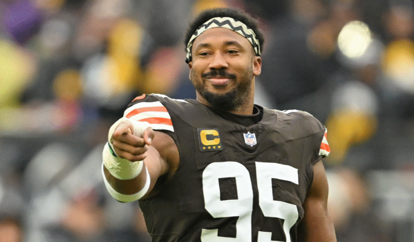 Myles Garrett #95 of the Cleveland Browns reacts prior to the game against the Pittsburgh Steelers at Huntington Bank Field on December 28, 2025 in Cleveland, Ohio.