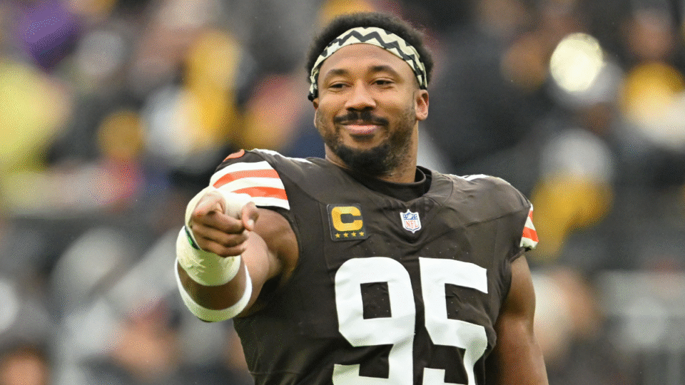 Myles Garrett #95 of the Cleveland Browns reacts prior to the game against the Pittsburgh Steelers at Huntington Bank Field on December 28, 2025 in Cleveland, Ohio.