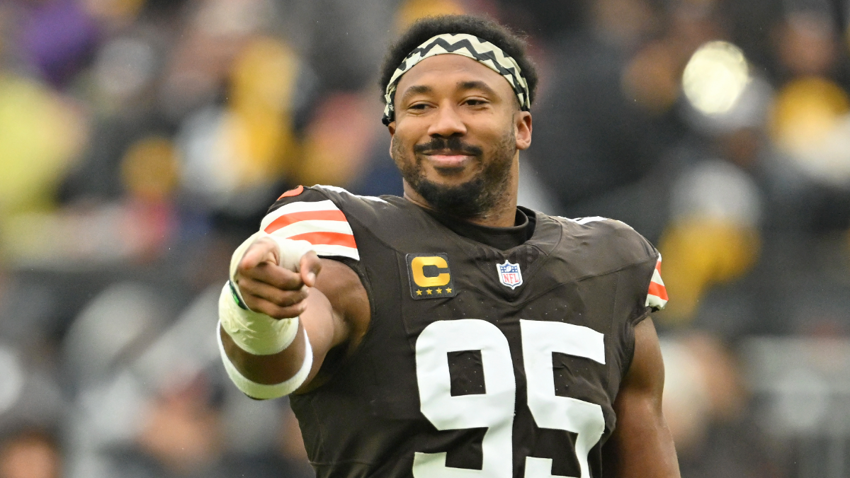 Myles Garrett #95 of the Cleveland Browns reacts prior to the game against the Pittsburgh Steelers at Huntington Bank Field on December 28, 2025 in Cleveland, Ohio.