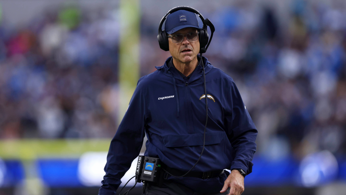 Head coach Jim Harbaugh of the Los Angeles Chargers looks on in the second quarter against the Houston Texans during the NFL 2025 game between Houston Texans and Los Angeles Chargers at SoFi Stadium on December 27, 2025 in Inglewood, California.
