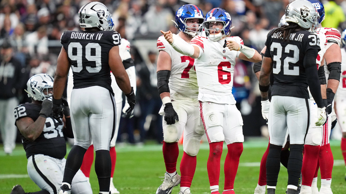 Jaxson Dart #6 of the New York Giants reacts after a first down during the second quarter of the game against the Las Vegas Raiders at Allegiant Stadium on December 28, 2025 in Las Vegas, Nevada.
