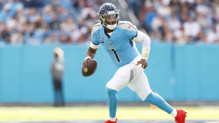Cam Ward #1 of the Tennessee Titans drops back to pass during the first half of the NFL 2025 game against the New Orleans Saints at Nissan Stadium on December 28, 2025 in Nashville, Tennessee.