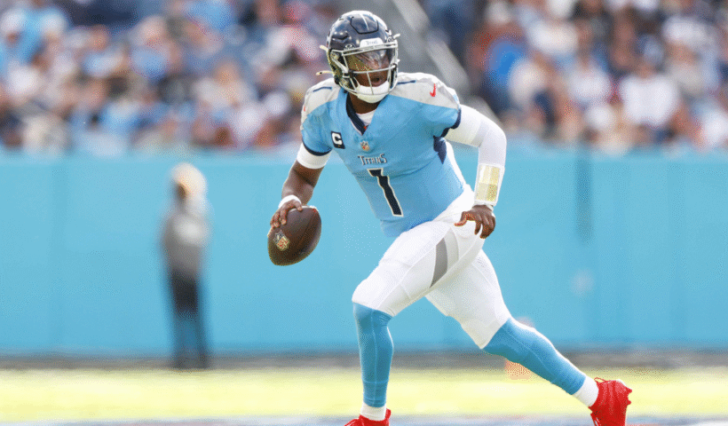 Cam Ward #1 of the Tennessee Titans drops back to pass during the first half of the NFL 2025 game against the New Orleans Saints at Nissan Stadium on December 28, 2025 in Nashville, Tennessee.