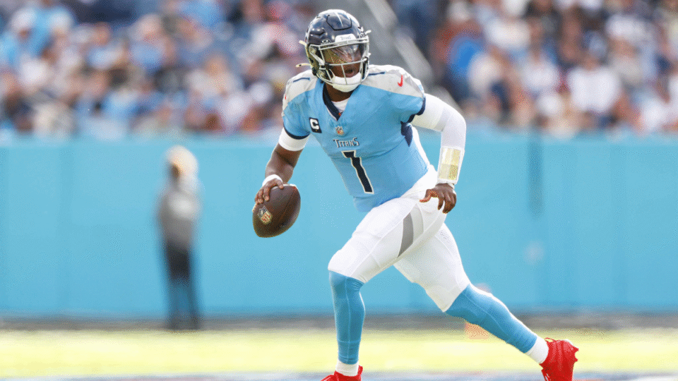 Cam Ward #1 of the Tennessee Titans drops back to pass during the first half of the NFL 2025 game against the New Orleans Saints at Nissan Stadium on December 28, 2025 in Nashville, Tennessee.