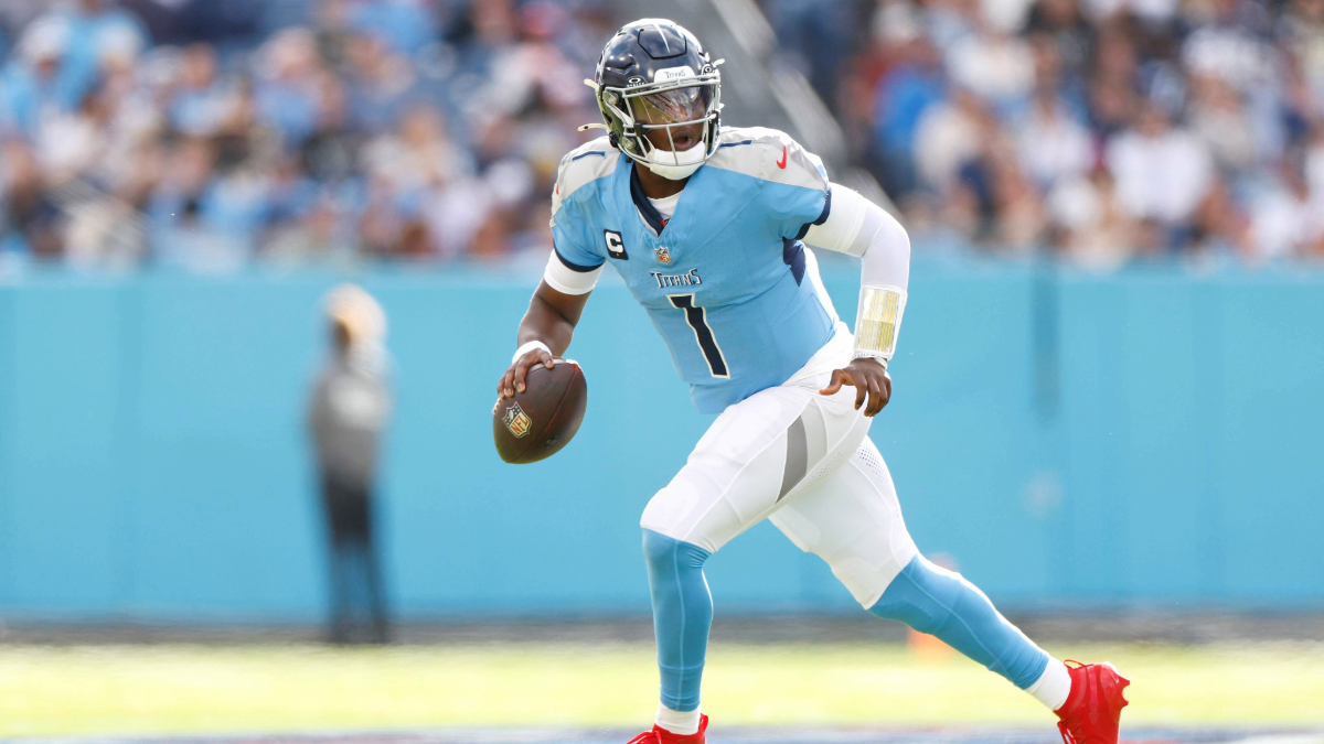 Cam Ward #1 of the Tennessee Titans drops back to pass during the first half of the NFL 2025 game against the New Orleans Saints at Nissan Stadium on December 28, 2025 in Nashville, Tennessee.