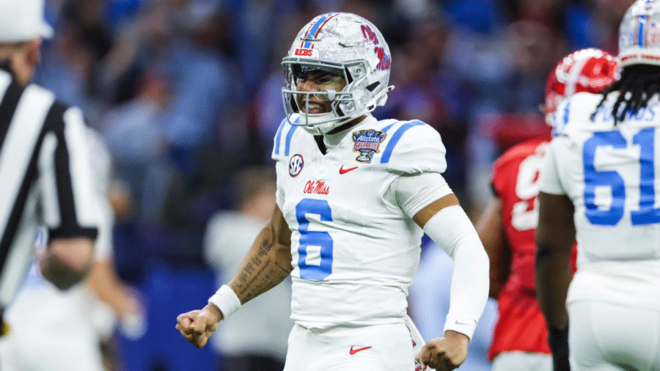 Quarterback Trinidad Chambliss #6 of the Ole Miss Rebels celebrates against the Georgia Bulldogs during first half of the College Football Playoff Quarter Final Game at Caesars Superdome on January 1, 2026 in New Orleans, Louisiana.