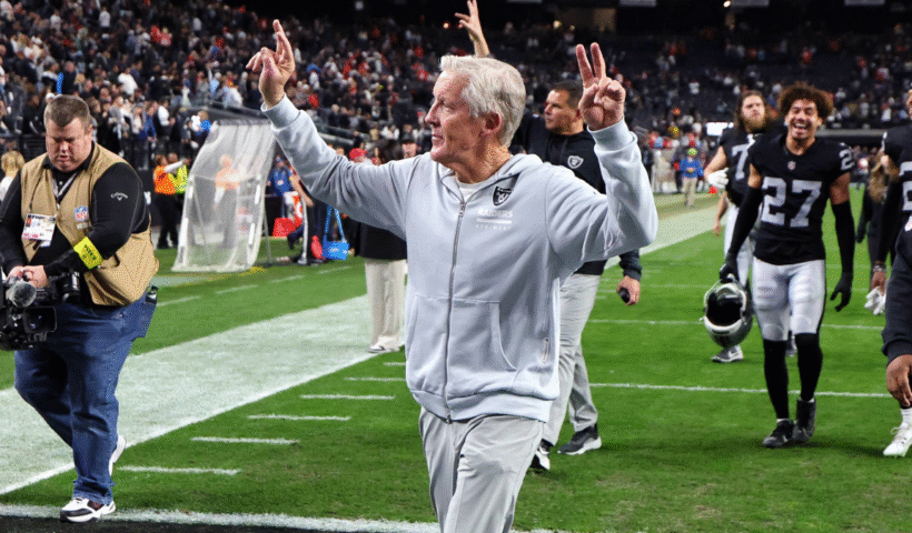 Head coach Pete Carroll of the Las Vegas Raiders gestures to fans as he leaves the field following the team's 14-12 victory over the Kansas City Chiefs at Allegiant Stadium on January 04, 2026 in Las Vegas, Nevada.