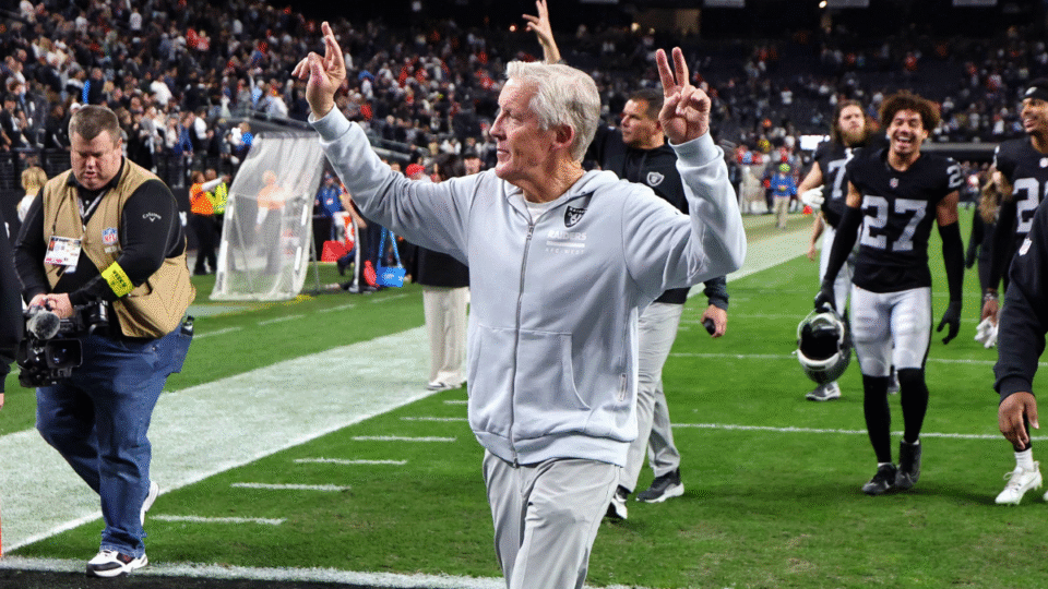 Head coach Pete Carroll of the Las Vegas Raiders gestures to fans as he leaves the field following the team's 14-12 victory over the Kansas City Chiefs at Allegiant Stadium on January 04, 2026 in Las Vegas, Nevada.