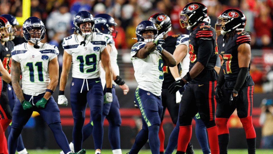 Kenneth Walker III #9 of the Seattle Seahawks celebrates after completing a first down during the third quarter of an NFL football game against the San Francisco 49ers at Levi's Stadium on January 03, 2026 in Santa Clara, California.